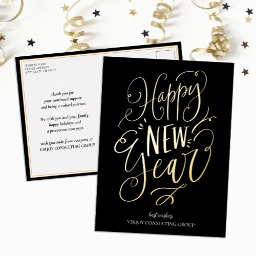 Happy New Year Black Gold Script Modern Business Foil Holiday Postcard