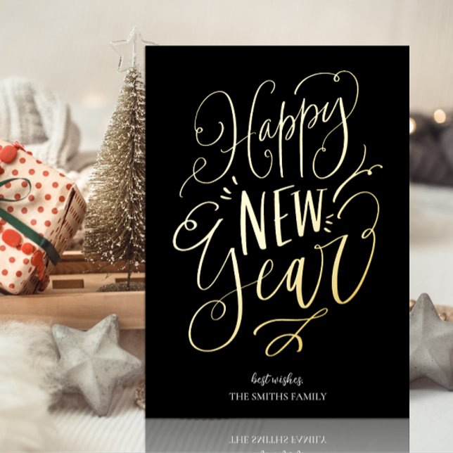 Happy New Year Black Gold Script Modern Non Photo Foil Holiday Card (Creator Uploaded)