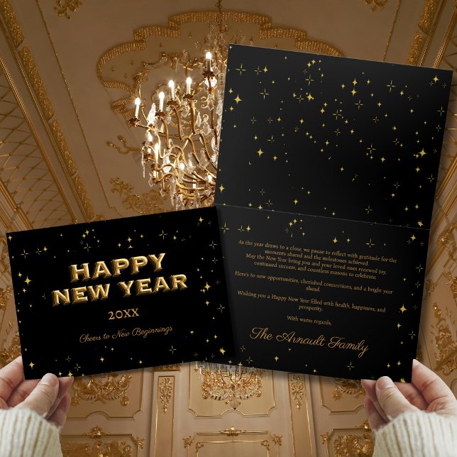 Happy New Year Black & Gold Stars Elegant Card (Creator Uploaded)