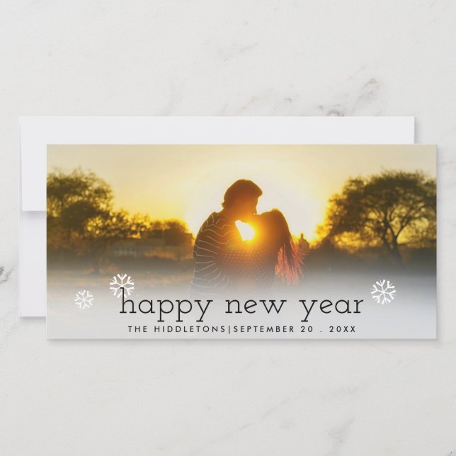Happy New Year Black Script Holiday Photo Card (Front)