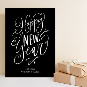 Happy New Year Black Script Modern Non Photo Holiday Card