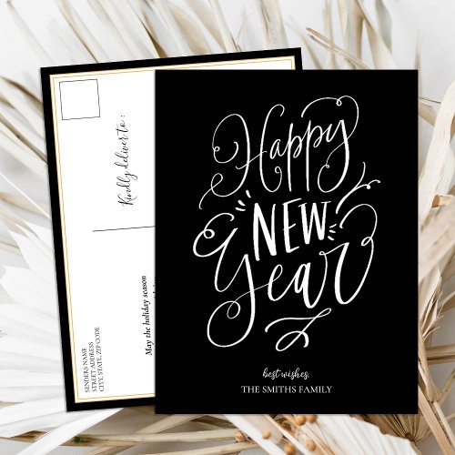 Happy New Year Black Script Modern Non Photo Holiday Postcard