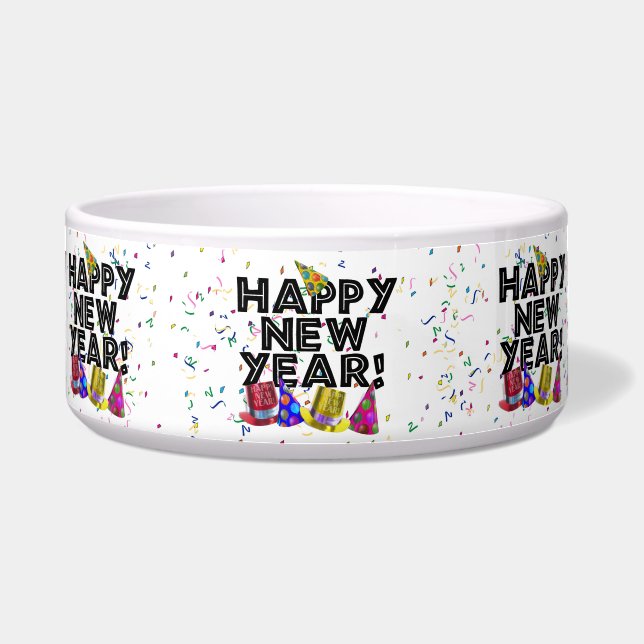 Happy New Year - Black Text with Party Hats Bowl (Front)