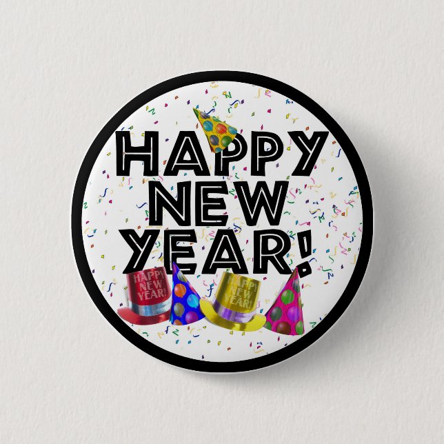 Happy New Year - Black Text with Party Hats Button (Front)