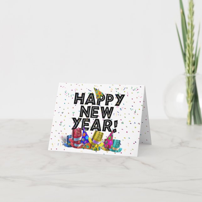 Happy New Year - Black Text with Party Hats Invitation (Front)