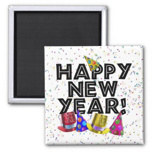Happy New Year _ Black Text with Party Hats Magnet