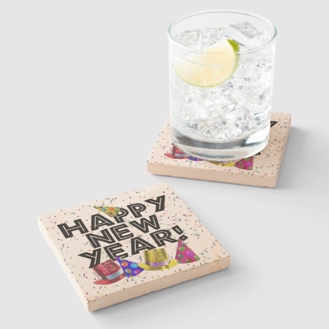 Happy New Year - Black Text with Party Hats Stone Coaster (Side)