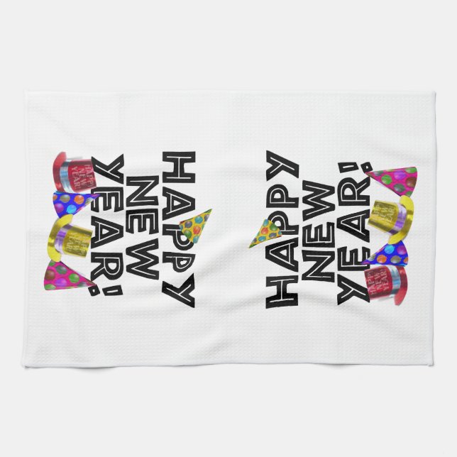 Happy New Year - Black Text with Party Hats Towel (Horizontal)