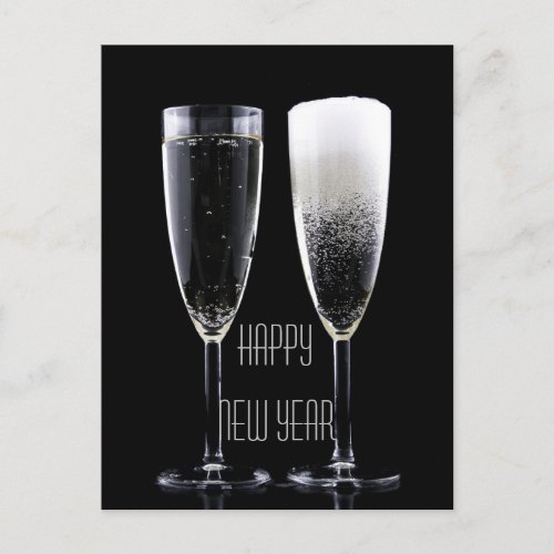 Happy New Year Black White Champagne Flute Glasses Holiday Postcard