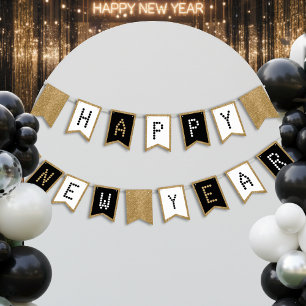Happy New Year Black White & Gold Glitter Bunting Flags