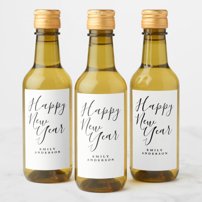 Happy New Year Black White Personalized Party Wine Label (Bottles)