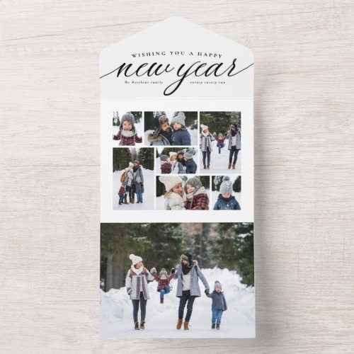 Happy New Year black white photo collage trifold All In One Invitation