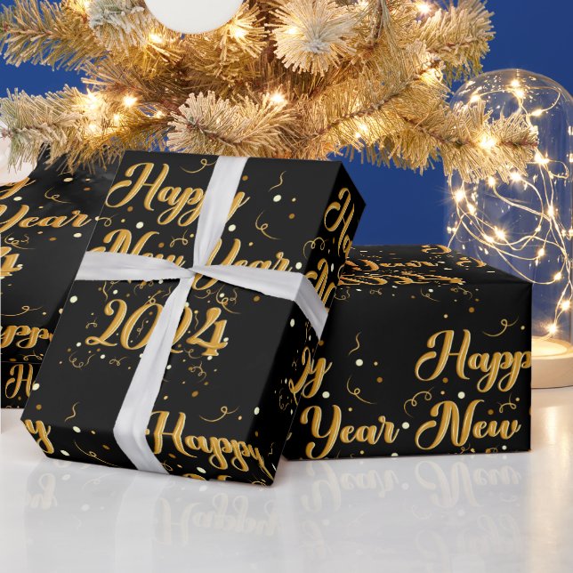 Happy New Year Black Wrapping Paper (Holidays)