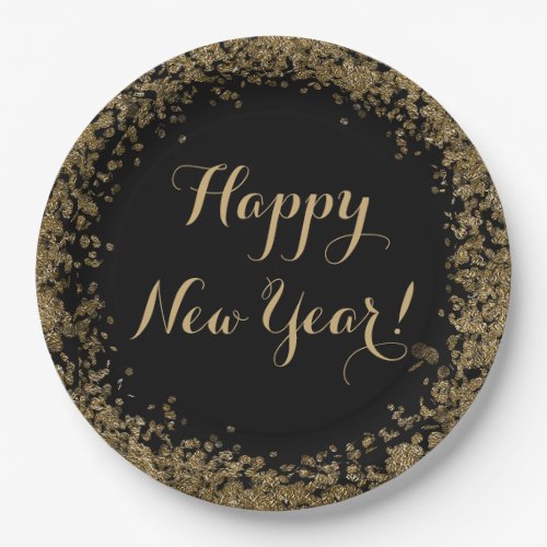 Happy New Year bling with gold and black Paper Plates