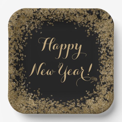 Happy New Year bling with gold and black Paper Plates