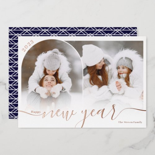 Happy New Year blue 2 photo arch overlay collage Foil Holiday Card