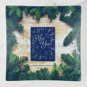 Happy New Year Blue and Green Pine Trinket Tray
