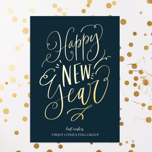 Happy New Year Blue Gold Script Modern Business Foil Holiday Card