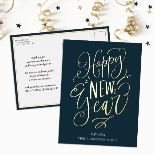 Happy New Year Blue Gold Script Modern Business Foil Holiday Postcard