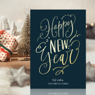 Happy New Year Blue Gold Script Modern Non Photo Foil Holiday Card