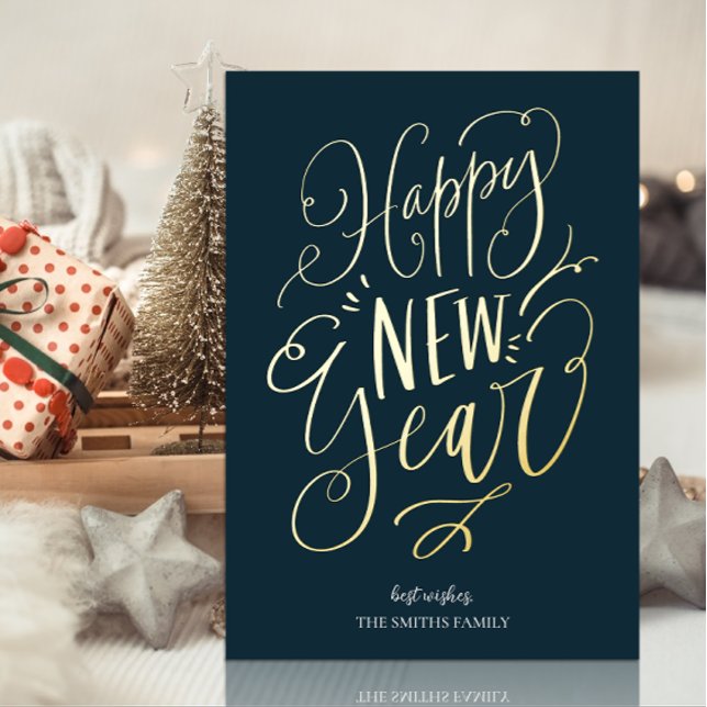 Happy New Year Blue Gold Script Modern Non Photo Foil Holiday Card (Creator Uploaded)