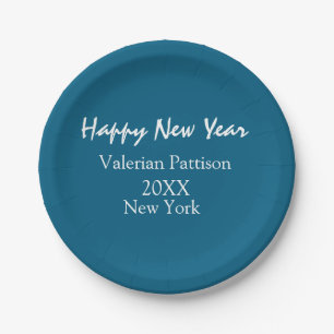 Happy new year blue name place year boho simple paper plates