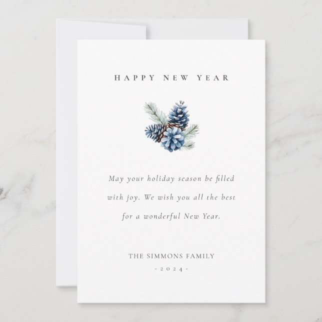 Happy New Year Blue Pinecones Flat Card (Front)