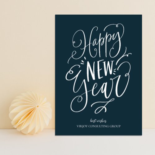 Happy New Year Blue Script Modern Business Holiday Card