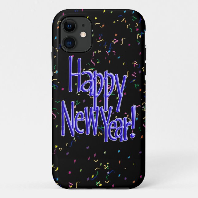 Happy New Year - Blue Text on Black Confetti Case-Mate iPhone Case (Back)