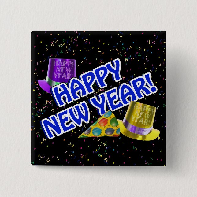 HAPPY NEW YEAR! Blue Text w/Party Hats Button (Front)