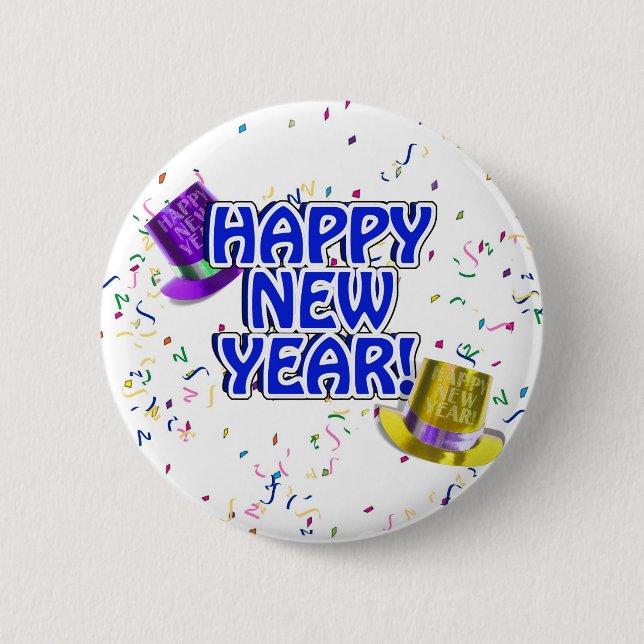 Happy New Year Blue & White Text Pinback Button (Front)
