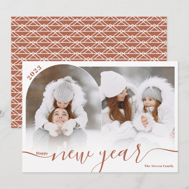 Happy New Year boho 2 photo arch overlay collage Holiday Card (Front/Back)