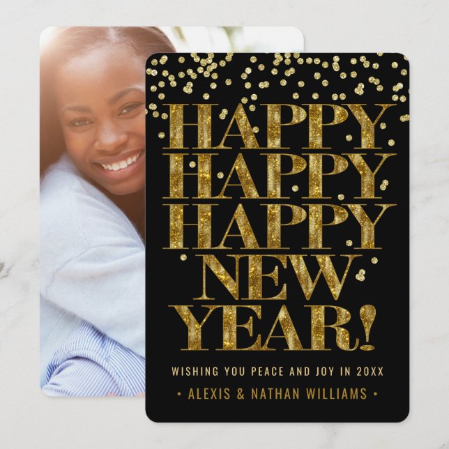 Happy New Year | Bold Gold Confetti 1 Photo Holiday Card (Front/Back)