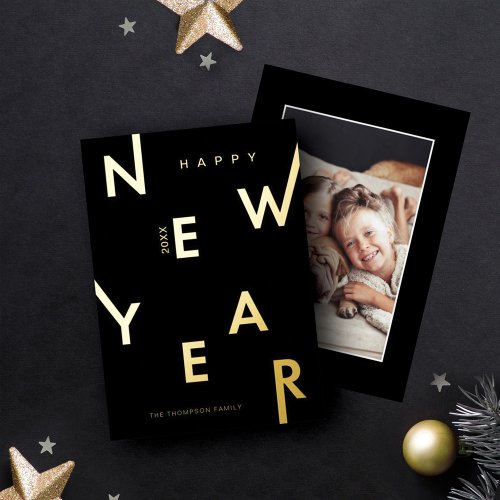 Happy New Year Bold Letters Minimal Modern Photo Foil Holiday Card