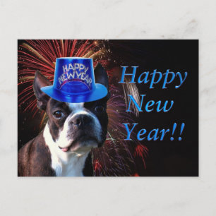 Happy New Year Boston terrier postcard