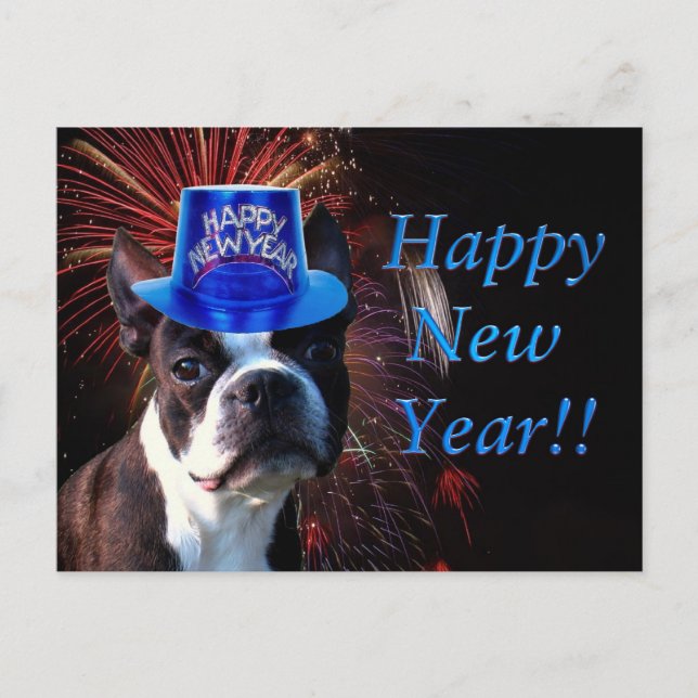 Happy New Year Boston terrier postcard (Front)