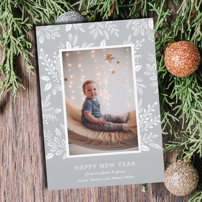 Happy New Year Botanicals on Gray Photo Holiday Card (Happy New Year botanicals on gray photo cards - Order INSTANT DOWNLOAD and/or PRINTED or both!)