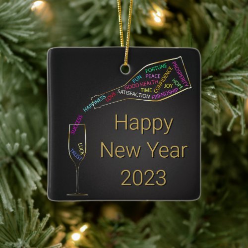 Happy New Year Bottle Glass Colorful Motivation Ceramic Ornament