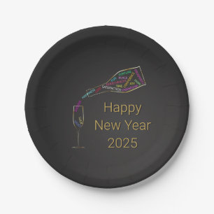 Happy New Year Bottle Glass Colorful Motivation Paper Plates