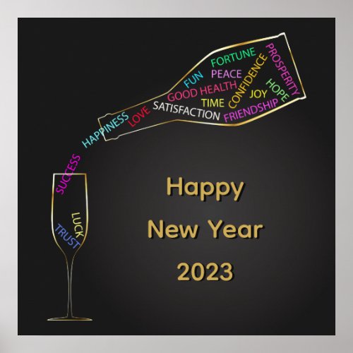 Happy New Year Bottle Glass Colorful Motivation Poster