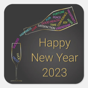 Happy New Year Bottle Glass Colorful Motivation Square Sticker