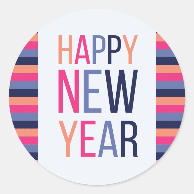 Happy New Year Bright Stripe Classic Round Sticker (Front)