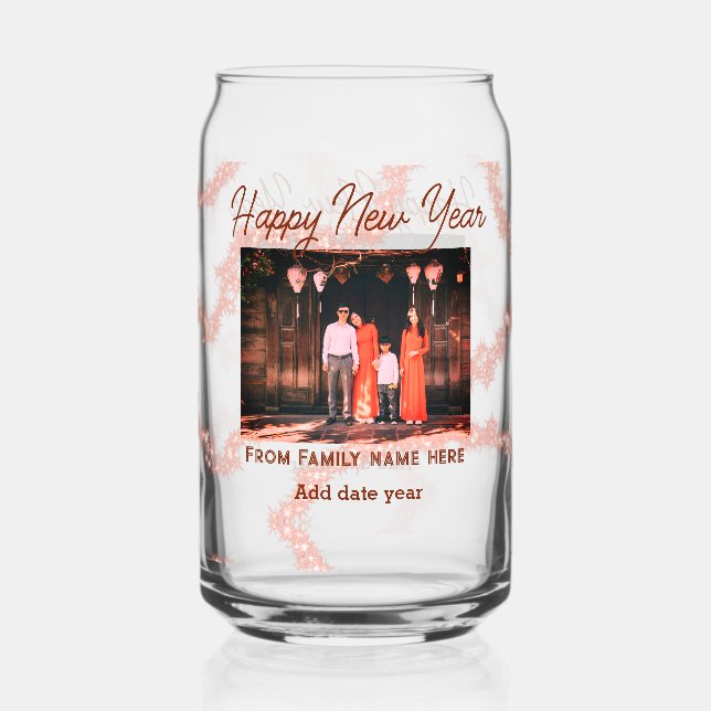 Happy new year brown add photo family name glitter can glass (Front)