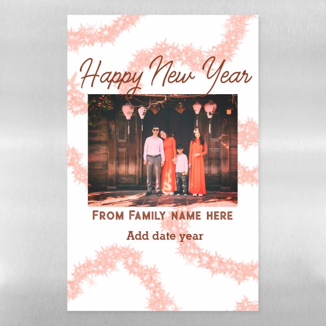 Happy new year brown add photo family name glitter magnetic dry erase sheet (Vertical)