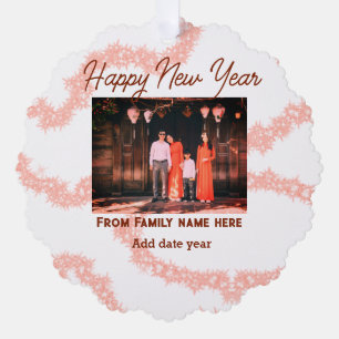 Happy new year brown add photo family name glitter ornament card
