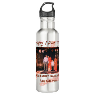 Happy new year brown add photo family name glitter stainless steel water bottle