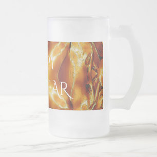Happy New Year Brown Gold Copper Elegant Star Frosted Glass Beer Mug