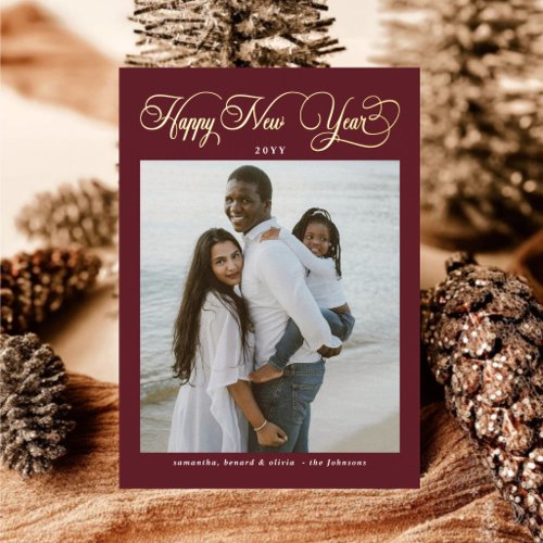 Happy New Year Burgundy Family 4 Photo Collage Foil Holiday Card