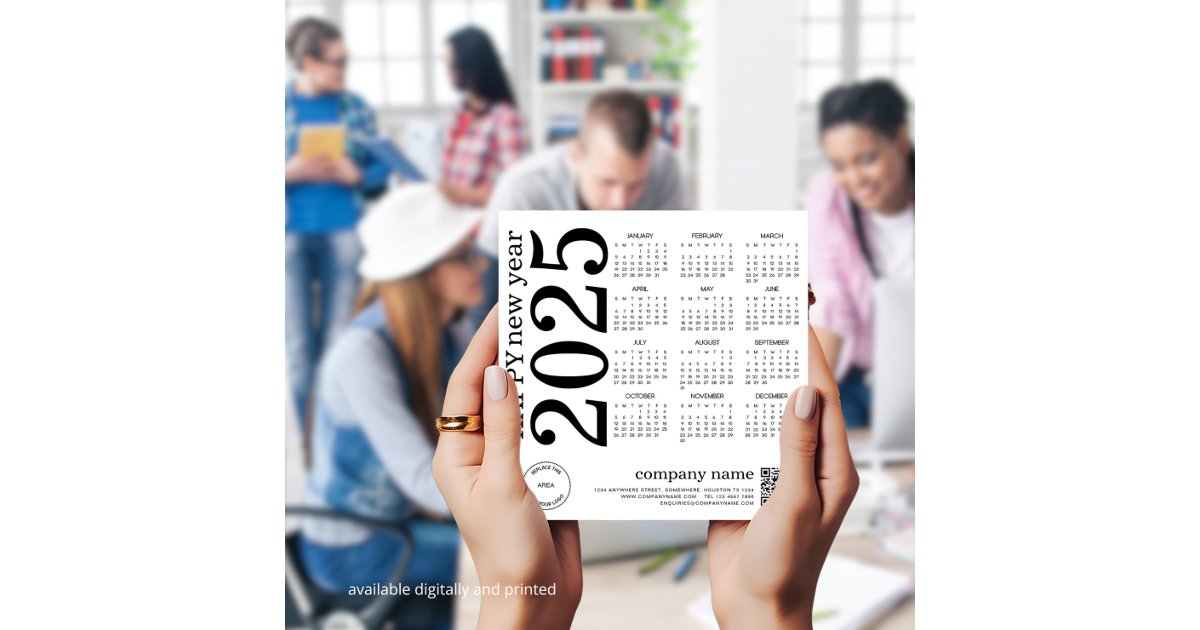 Happy New Year Business 2025 Calendar Logo QR Code Holiday Card Zazzle