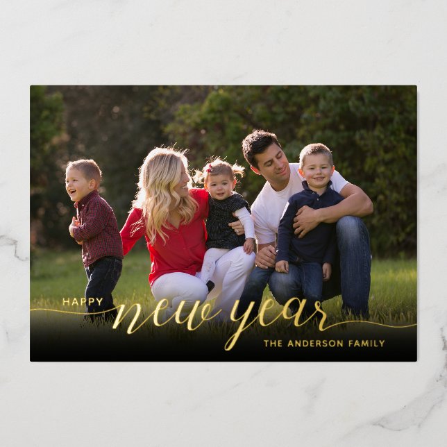 Happy New Year Calligraphy | 2 Photo Gold Foil Foil Holiday Card (Front)